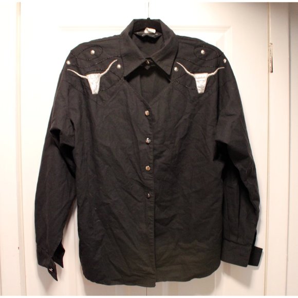 Vintage Lilia Smitty - Black Western Cowboy Shirt with Silver Bulls - Picture 6 of 9
